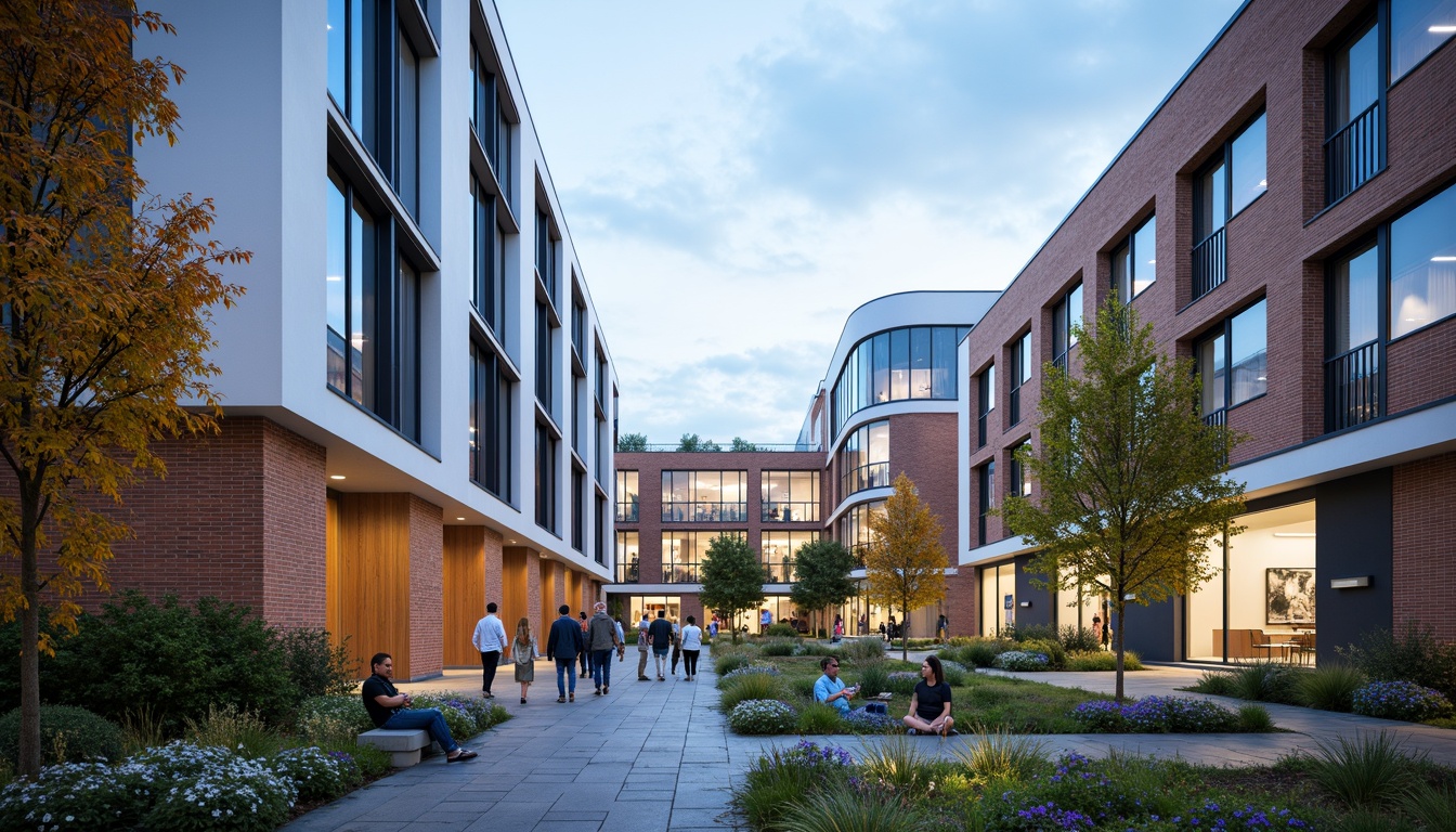 Prompt: Vibrant university campus, fusion of modern and traditional architecture, bold color scheme, contrasting bright whites and deep blues, accents of warm wood tones, metallic silver details, lush greenery, blooming flowers, natural stone walkways, brick buildings with glass facades, futuristic LED lighting, shallow depth of field, 3/4 composition, panoramic view, realistic textures, ambient occlusion.