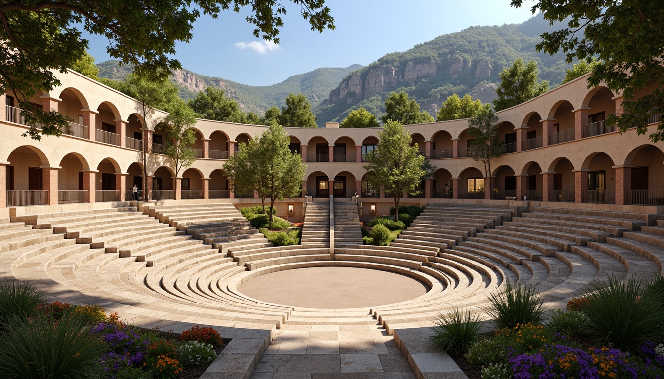 Prompt: Grandiose amphitheater, sweeping curves, layered seating, natural stone steps, majestic arches, ornate columns, vibrant cultural patterns, lush greenery, tiered landscaping, Mediterranean-inspired architecture, warm earthy tones, dramatic spotlights, shallow depth of field, 1/1 composition, panoramic view, realistic textures, ambient occlusion.