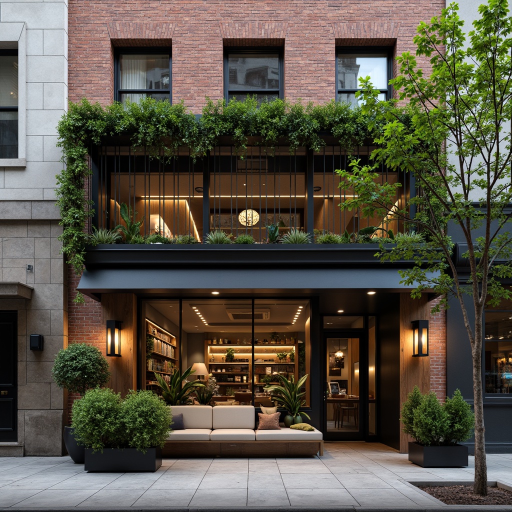 Prompt: Trendy coffee shop, industrial chic facade, exposed brick walls, reclaimed wood accents, large glass windows, metal frames, modern minimalist signage, vibrant greenery, vertical gardens, urban streetscape, busy city atmosphere, warm inviting lighting, shallow depth of field, 1/2 composition, soft focus effect, realistic textures, ambient occlusion.