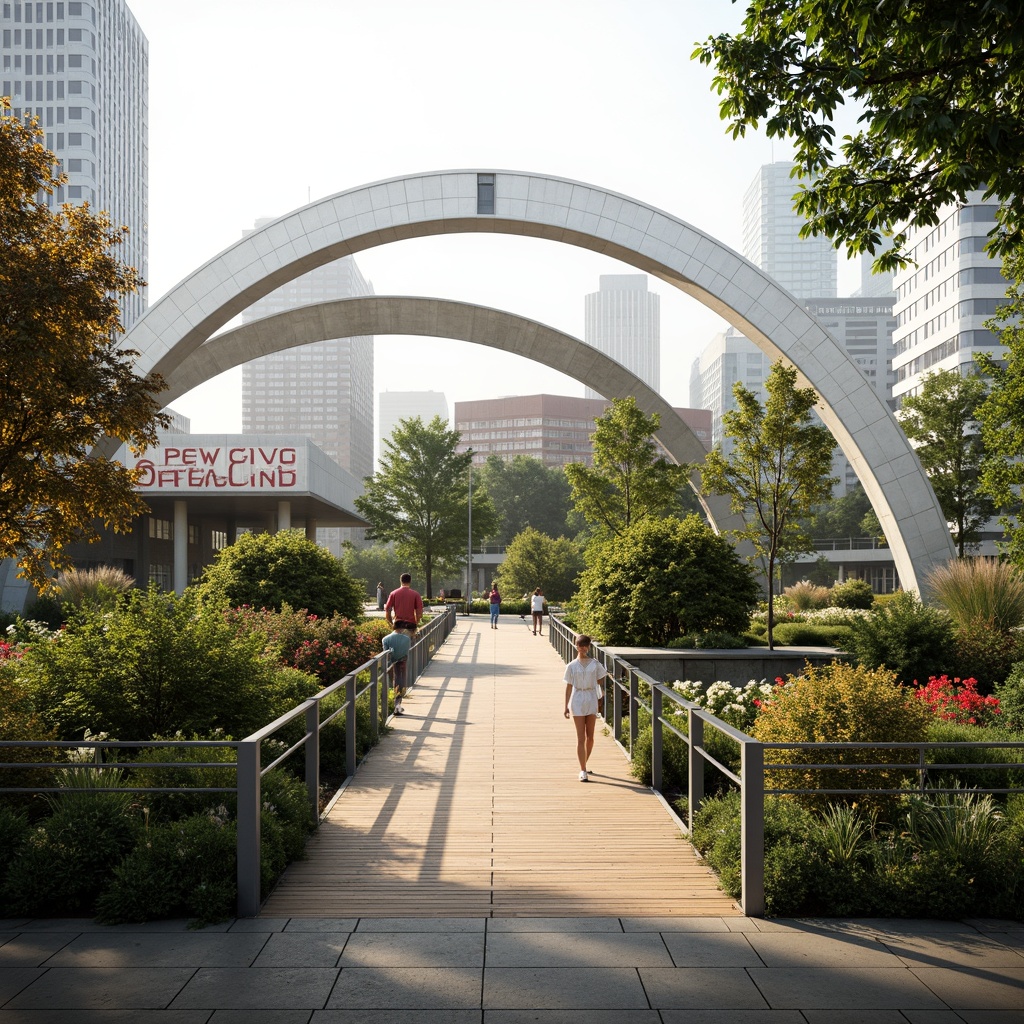 Prompt: Pedestrian bridge, curved steel structure, green roof, lush vegetation, walking paths, cityscape views, urban landscape integration, modern architecture, sleek metal railings, wooden decking, natural stone pavers, vibrant street art, soft warm lighting, misty atmosphere, shallow depth of field, 3/4 composition, panoramic view, realistic textures, ambient occlusion.