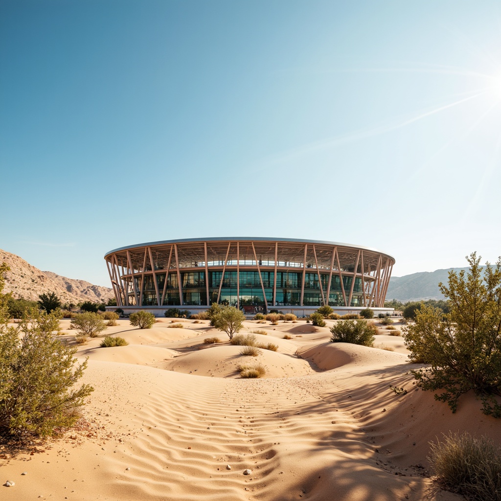 Prompt: Arid desert landscape, sandy dunes, cactus plants, hot sunny day, clear blue sky, vast open space, modern stadium architecture, sleek metal structures, reflective glass surfaces, angular lines, minimalist design, earthy color palette, warm beige tones, terracotta red accents, deep turquoise highlights, soft golden lighting, shallow depth of field, 3/4 composition, panoramic view, realistic textures, ambient occlusion.