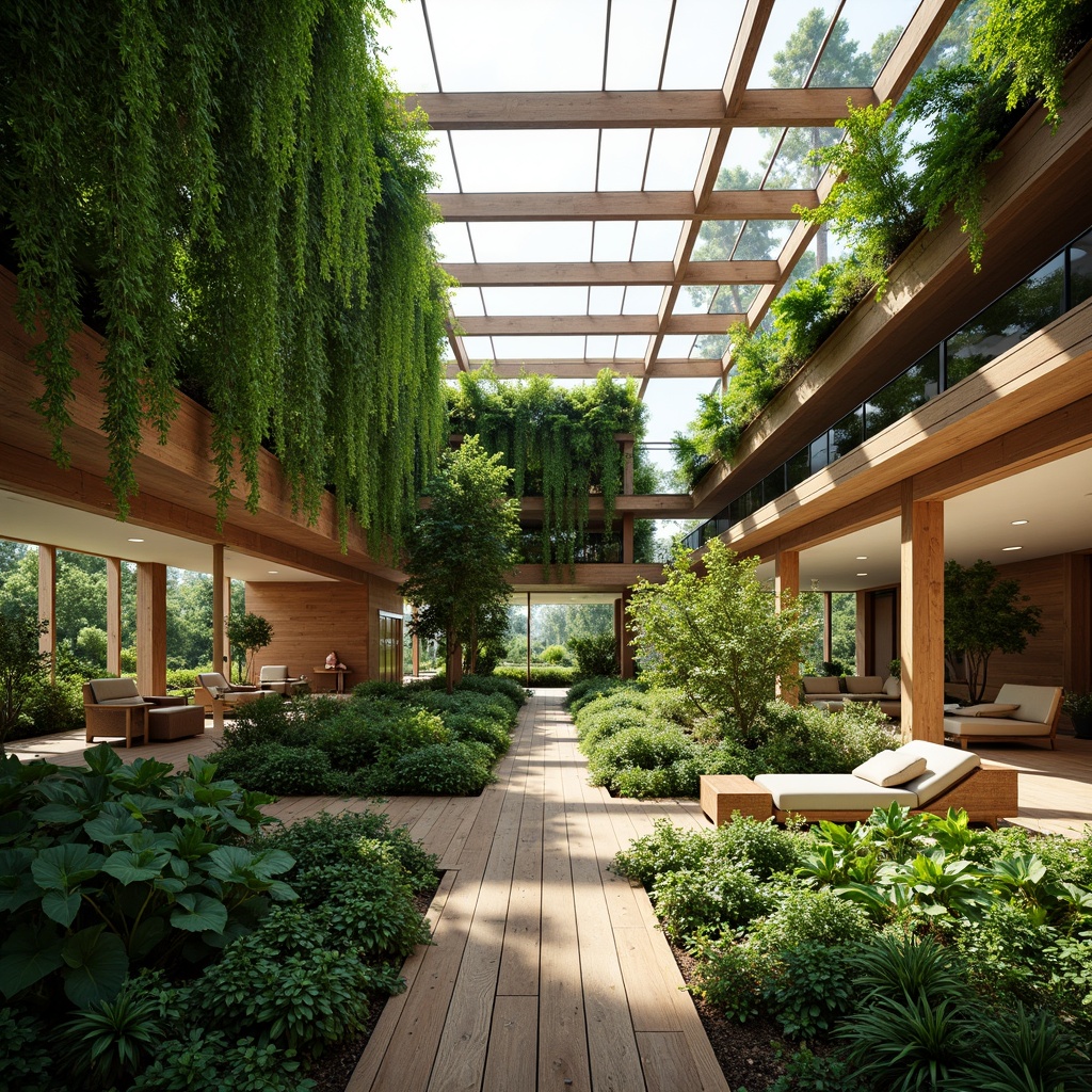 Prompt: Lush green roofs, verdant walls, natural ventilation, skylights, clerestory windows, solar tubes, bamboo flooring, reclaimed wood accents, living walls, rainwater harvesting systems, grey water reuse, eco-friendly materials, minimalist decor, airy open spaces, soft diffused lighting, warm ambient glow, shallow depth of field, 1/1 composition, realistic textures, ambient occlusion.