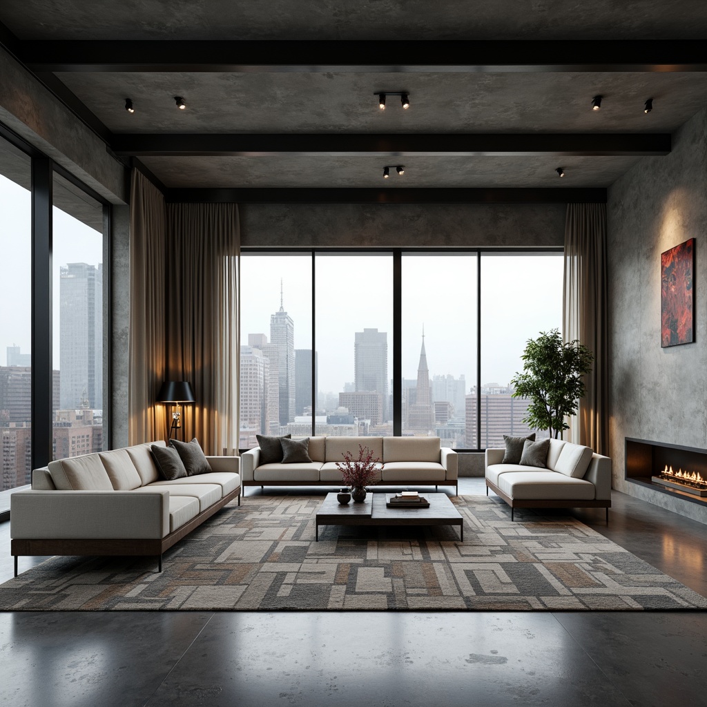 Prompt: Minimalist living room, sleek low-profile furniture, polished concrete floors, industrial metal beams, floor-to-ceiling windows, urban cityscape views, abstract artwork, geometric patterned rugs, modern sectional sofas, minimalist coffee tables, ambient indirect lighting, 1/1 composition, soft focus blur, realistic textures, subtle color palette, functional storage solutions, modular shelving units, hidden LED lighting strips.