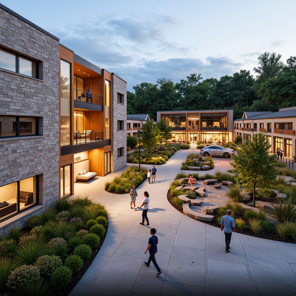 Prompt: Vibrant community center, natural stone fa\u00e7ade, wooden accents, lush green roofs, outdoor seating areas, public art installations, pedestrian walkways, modern streetlights, urban landscape, warm evening lighting, shallow depth of field, 3/4 composition, panoramic view, realistic textures, ambient occlusion.