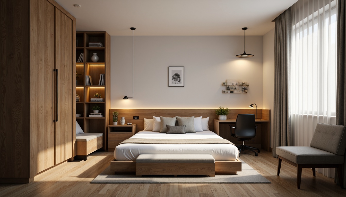 Prompt: Simple dorm room, minimal decor, monochromatic color scheme, wooden flooring, low-profile bed frame, built-in shelving, compact desk, ergonomic chair, floor-to-ceiling curtains, natural light, soft warm glow, shallow depth of field, 3/4 composition, realistic textures, ambient occlusion, calm atmosphere, cozy nook, industrial-style lighting fixtures, reclaimed wood accents, Scandinavian-inspired furniture, clean lines, minimal ornamentation.