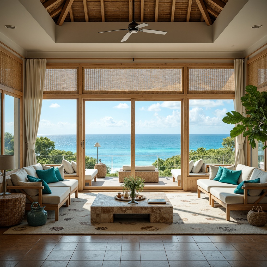 Prompt: Coastal hotel facade, large ocean-view windows, retractable glass doors, solar screens, plantation shutters, natural linen drapes, woven wood shades, coastal-inspired patterns, turquoise accents, driftwood decor, seashell motifs, ocean-breeze color palette, soft warm lighting, shallow depth of field, 1/2 composition, realistic textures, ambient occlusion.