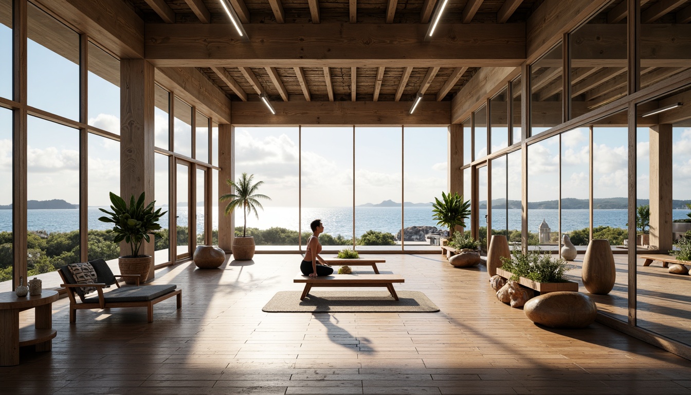 Prompt: Seaside gymnasium, large windows, ocean views, natural light pouring in, airy atmosphere, reclaimed wood flooring, minimalist decor, nautical-themed accents, functional training areas, state-of-the-art equipment, mirrored walls, open ceilings, industrial-style lighting, soft warm color palette, calming ambiance, panoramic coastal views, shallow depth of field, 1/1 composition, realistic textures, ambient occlusion.