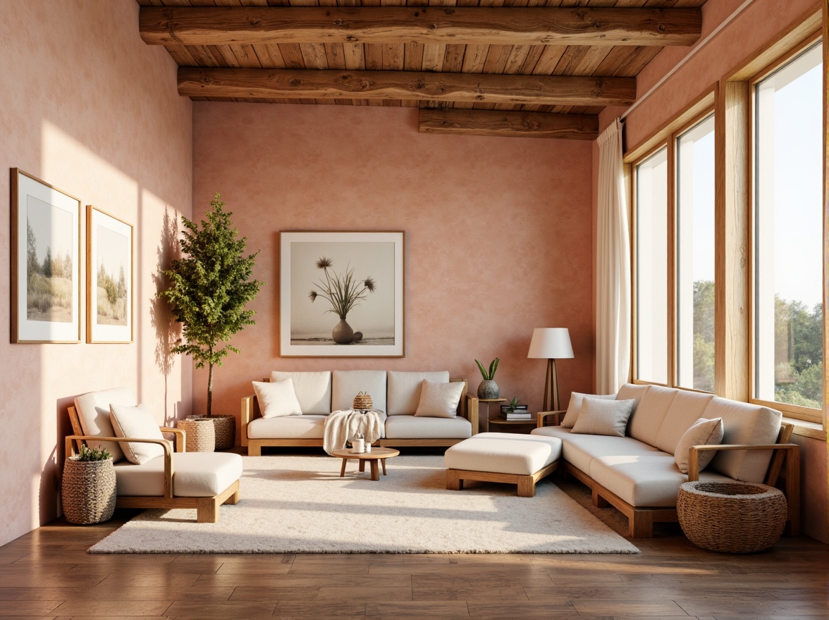 Prompt: Warm peach tones, soft blush hues, creamy whites, rich wood accents, natural textiles, cozy throw blankets, plush area rugs, elegant metallic frames, subtle patterned wallpapers, inviting reading nooks, floor-to-ceiling windows, abundant natural light, airy open spaces, minimalist decor, warm golden lighting, shallow depth of field, 1/1 composition, realistic renderings, ambient occlusion.