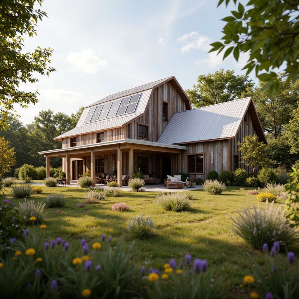 Prompt: Rustic barn, reclaimed wood accents, corrugated metal roofing, earthy tones, natural ventilation, solar panels, green roofs, rainwater harvesting systems, organic farm-to-table settings, wildflower meadows, rural landscapes, warm golden lighting, shallow depth of field, 1/1 composition, soft focus, realistic textures, ambient occlusion.