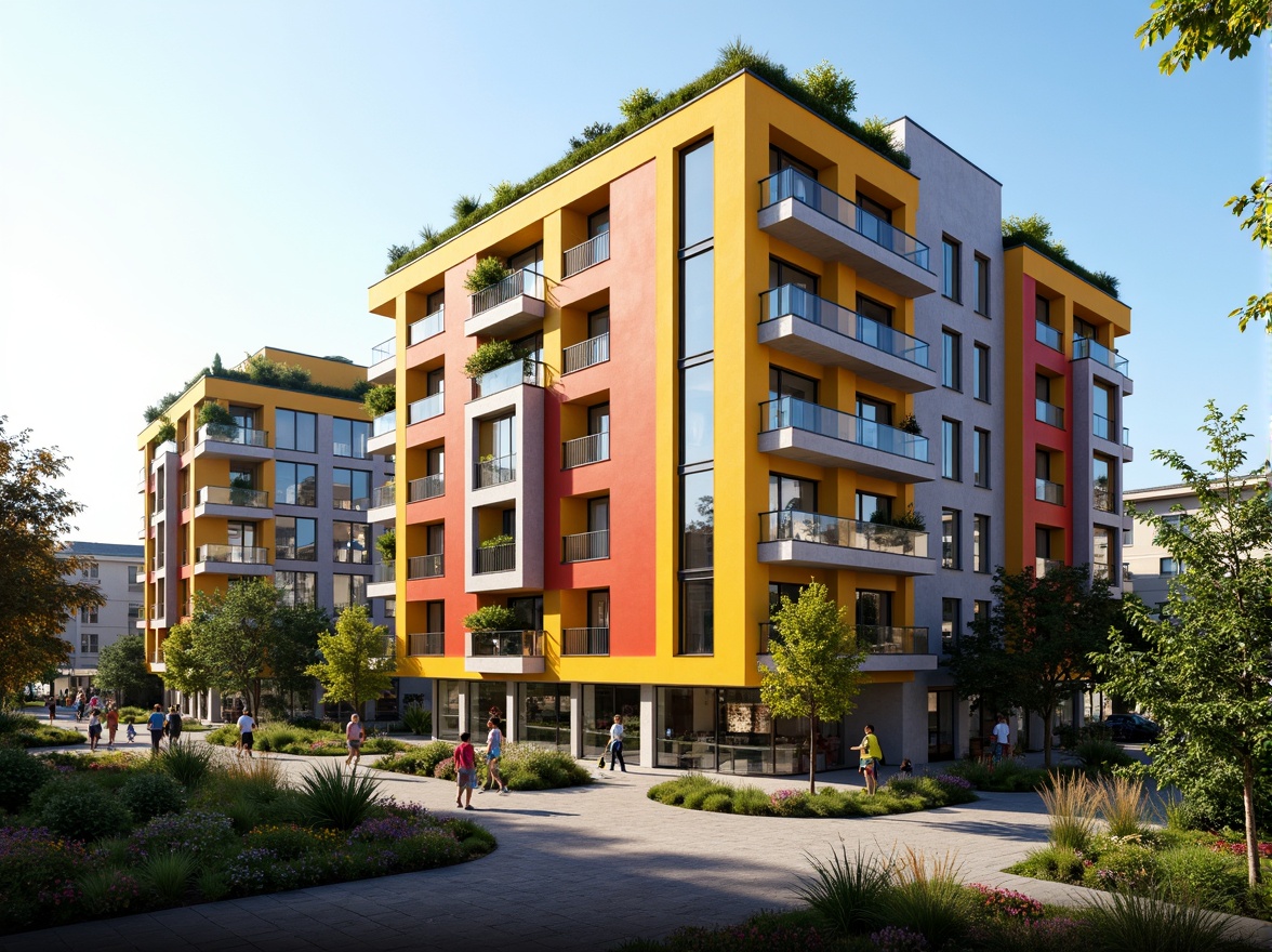 Prompt: Vibrant social housing, modern facade design, bold color schemes, dynamic geometric patterns, futuristic materials, energy-efficient systems, green roofs, vertical gardens, urban landscape, sunny day, soft warm lighting, shallow depth of field, 3/4 composition, panoramic view, realistic textures, ambient occlusion, community-focused architecture, inclusive public spaces, accessible walkways, playgrounds for kids, social interaction areas, sustainable living solutions.