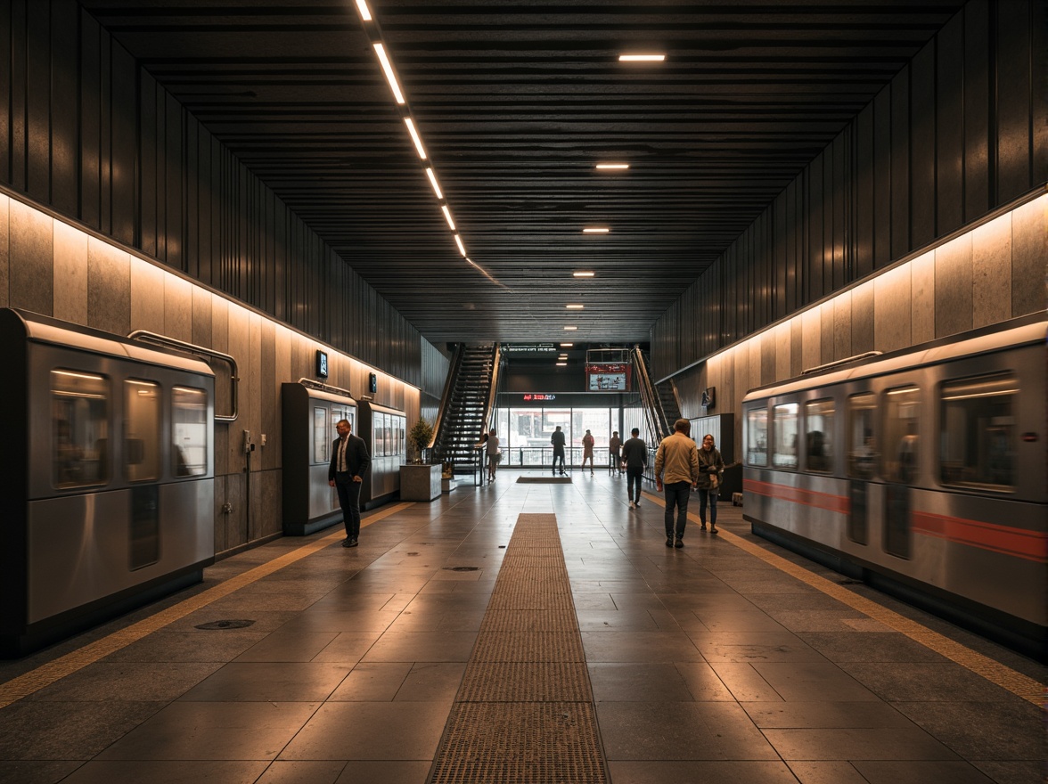 Prompt: Underground metro station, sleek minimalistic design, industrial metallic tones, dimmable LED lights, soft warm ambiance, subtle shadow accents, exposed concrete walls, polished steel beams, geometric patterns on floors, modern urban feel, rush hour atmosphere, natural stone platforms, stainless steel handrails, atmospheric misting effects, cinematic low-key lighting, 1-point perspective composition, high-contrast highlights, desaturated color palette, realistic reflections, ambient occlusion.