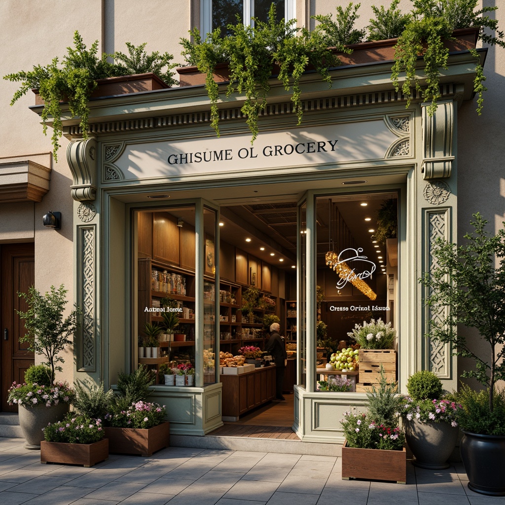 Prompt: Whimsical grocery store, ornate Victorian-inspired facade, intricate stone carvings, floral patterns, soft pastel colors, delicate ironwork, vintage signage, rustic wooden accents, lush greenery, overflowing flower boxes, warm golden lighting, shallow depth of field, 1/1 composition, intimate close-up shots, realistic textures, ambient occlusion, romantic European-inspired streetscape.