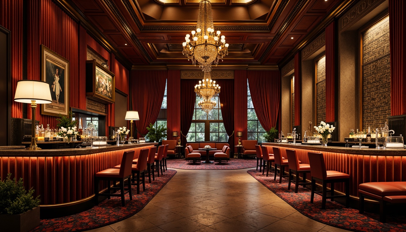 Prompt: Luxuriant bar interior, rich wood tones, velvet drapes, ornate metalwork, grand chandeliers, lavish textiles, intricate moldings, bold geometric patterns, jewel-toned accents, dramatic lighting, atmospheric shadows, high-contrast color scheme, opulent marble countertops, polished brass fixtures, luxurious upholstery, eclectic art pieces, sophisticated ambiance, warm golden hour lighting, cinematic composition, shallow depth of field, 2/3 rule.