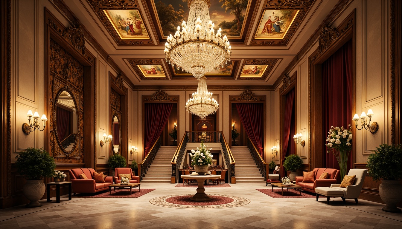 Prompt: Grand luxurious hotel lobby, ornate gilded details, intricately carved wooden furnishings, lavish crystal chandeliers, rich velvet drapes, marble floors, intricate fresco ceilings, grand staircase, opulent decorative mirrors, lavish flower arrangements, warm golden lighting, shallow depth of field, 1/1 composition, realistic textures, ambient occlusion, dramatic shadows, warm color palette, inviting atmosphere.