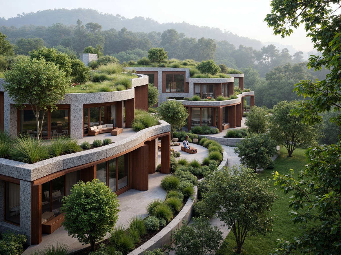 Prompt: Harmonious building integration, lush green roofs, native plant species, natural stone facades, wooden accents, curved lines, modern architecture, floor-to-ceiling windows, sliding glass doors, outdoor seating areas, surrounding forest, misty morning atmosphere, soft diffused lighting, shallow depth of field, 1/1 composition, panoramic view, realistic textures, ambient occlusion.