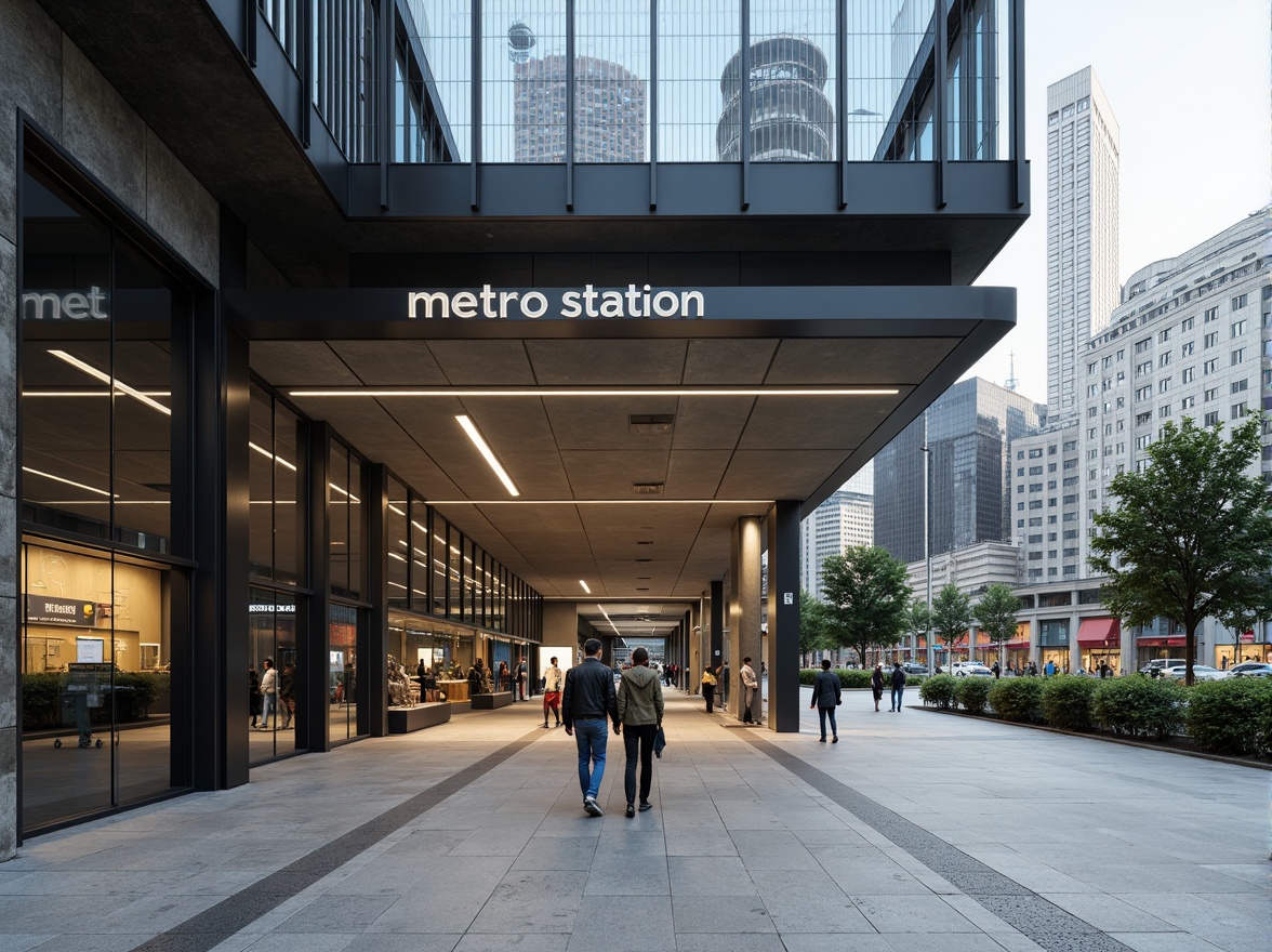 Prompt: Minimalist metro station facade, sleek glass surfaces, clean lines, urban concrete walls, metallic accents, modern LED lighting, geometric patterns, subtle textures, neutral color palette, industrial chic atmosphere, busy city surroundings, pedestrian traffic flow, efficient transit system, functional design elements, minimalist signage, simple typography, urban infrastructure integration, natural stone flooring, steel beams, cantilevered roofs, dramatic entranceways, softbox lighting, 1-point perspective composition.