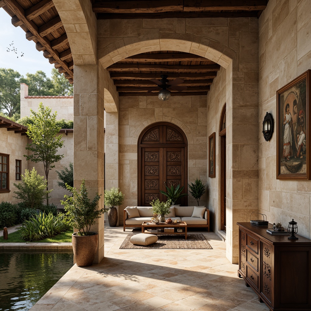 Prompt: Rustic stone walls, worn wooden doors, distressed metal accents, intricate carvings, ornate tapestries, faded frescoes, weathered brick fa\u00e7ades, moss-covered roofs, serene courtyard gardens, tranquil water features, soft diffused lighting, warm beige color palette, natural earthy tones, elegant archways, refined columns, sophisticated vaulted ceilings, subtle ornamentation, aged leather-bound tomes, vintage parchment manuscripts, ornate wooden furnishings, classic lanterns, peaceful atmosphere, shallow depth of field, 1/1 composition, realistic textures, ambient occlusion.