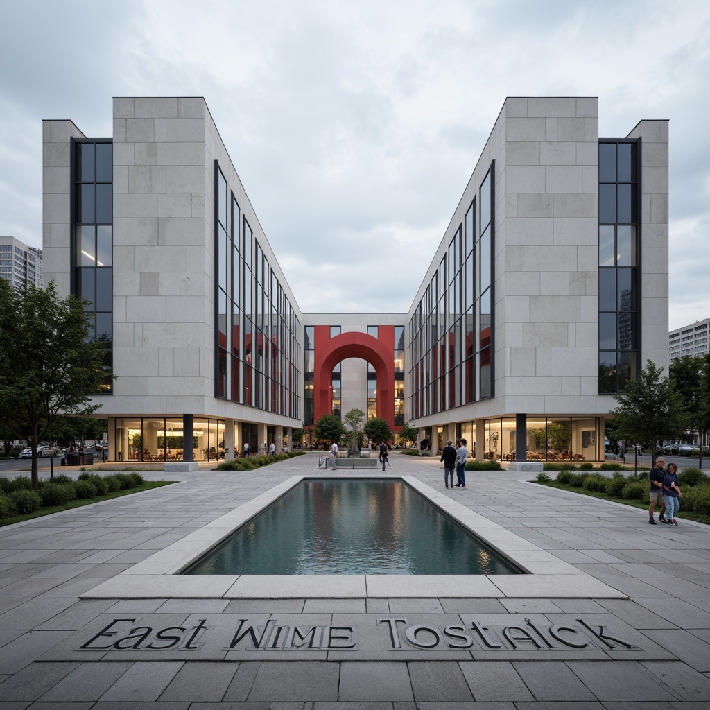 Prompt: Monumental memorial center, symmetrical facade, rectangular forms, clean lines, minimal ornamentation, functional simplicity, industrial materials, exposed concrete, steel frames, large windows, asymmetrical compositions, bold typography, vibrant primary colors, geometric patterns, abstract sculptures, urban landscape, cloudy sky, dramatic lighting, high contrast, 1/2 composition, realistic textures, ambient occlusion.