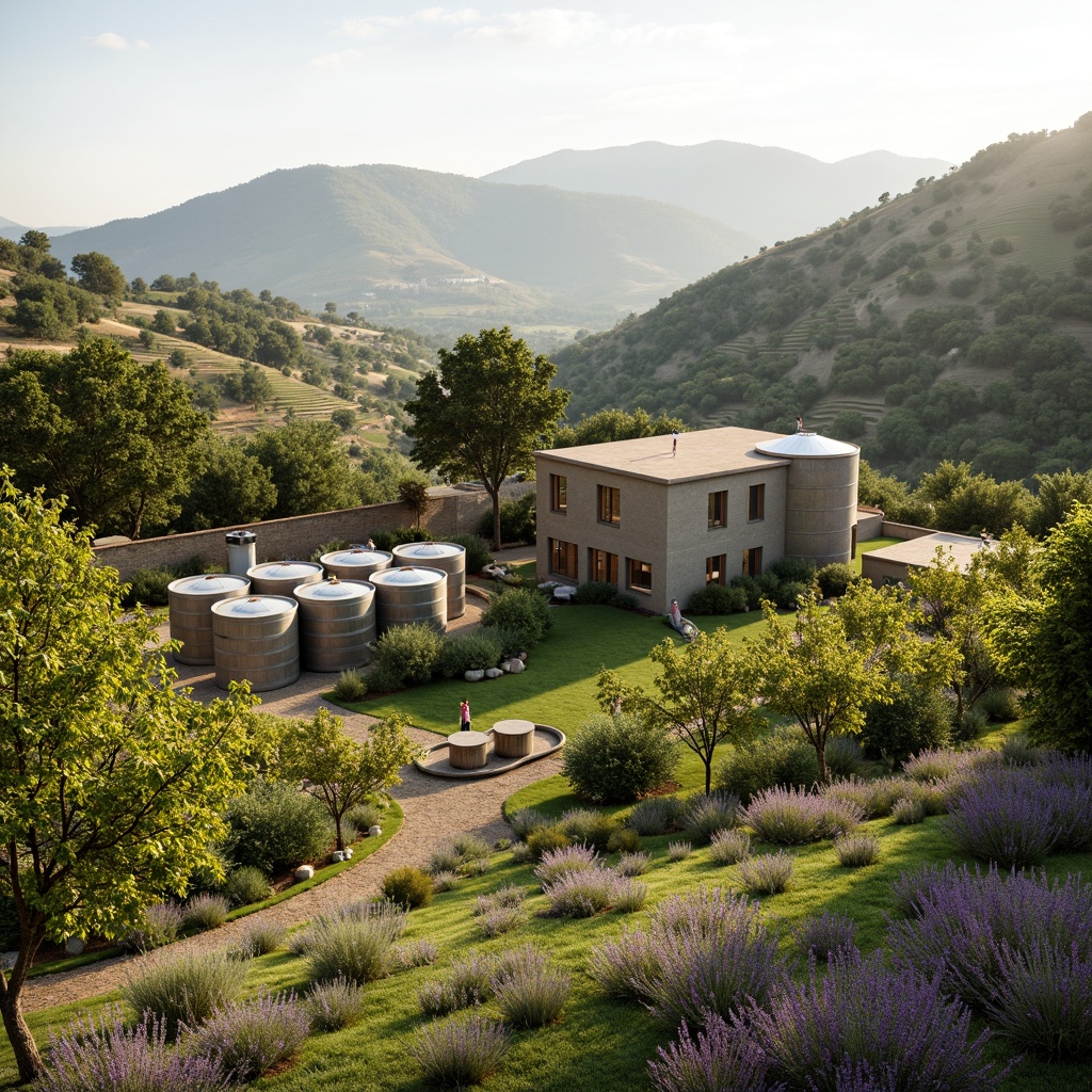 Prompt: Rolling vineyards, lush green hills, rustic stone walls, wooden wine barrels, steel fermentation tanks, modern minimalist architecture, clean lines, simple forms, natural materials, earthy tones, olive trees, lavender fields, warm sunny day, soft gentle light, shallow depth of field, 3/4 composition, panoramic view, realistic textures, ambient occlusion.