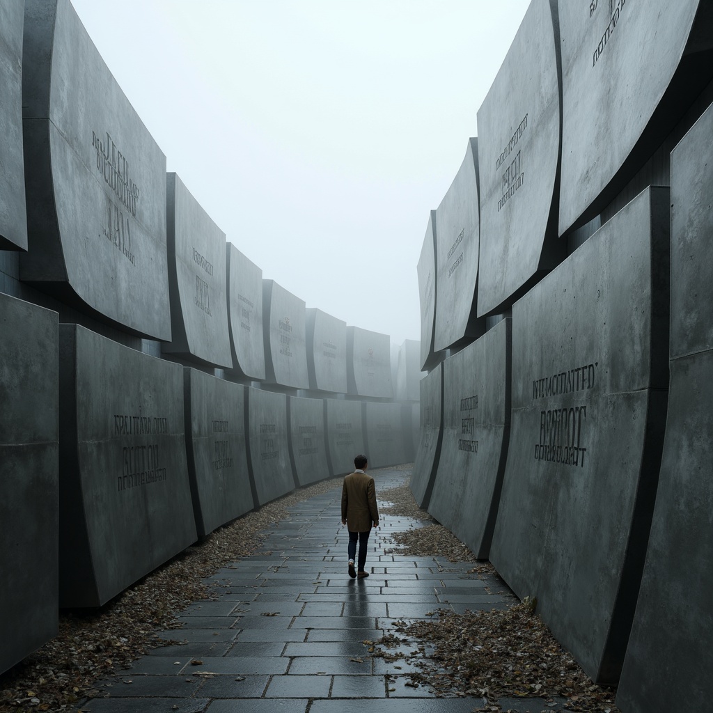 Prompt: Curved memorial walls, abstract sculptural forms, solemn atmosphere, misty fog effects, ethereal lighting, soft focus, shallow depth of field, 1/2 composition, panoramic view, muted color palette, weathered concrete textures, oxidized metal accents, natural stone pathways, eerie silence, subtle water features, contemplative ambiance, innovative material applications, parametric design elements, futuristic architectural language, avant-garde structural systems.