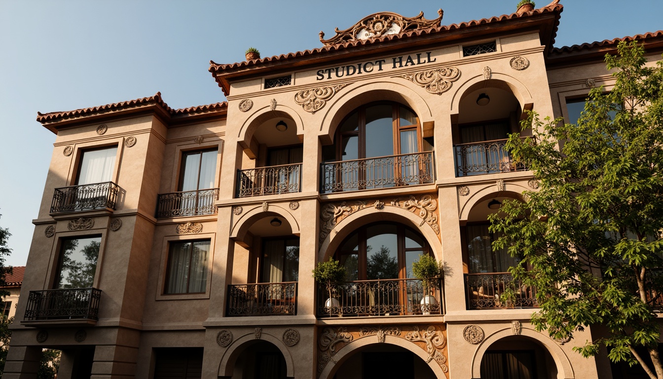 Prompt: Ornate student hall facade, renaissance architecture style, grand entrance archways, ornamental columns, carved stone details, arched windows, balconies with intricate metalwork, rusticated quoins, classical pediments, ornate rooftop decorations, terracotta tile roofing, warm golden lighting, dramatic shadows, high contrast ratio, 1/2 composition, symmetrical framing, rich textures, ambient occlusion.Please let me know if this meets your requirements!