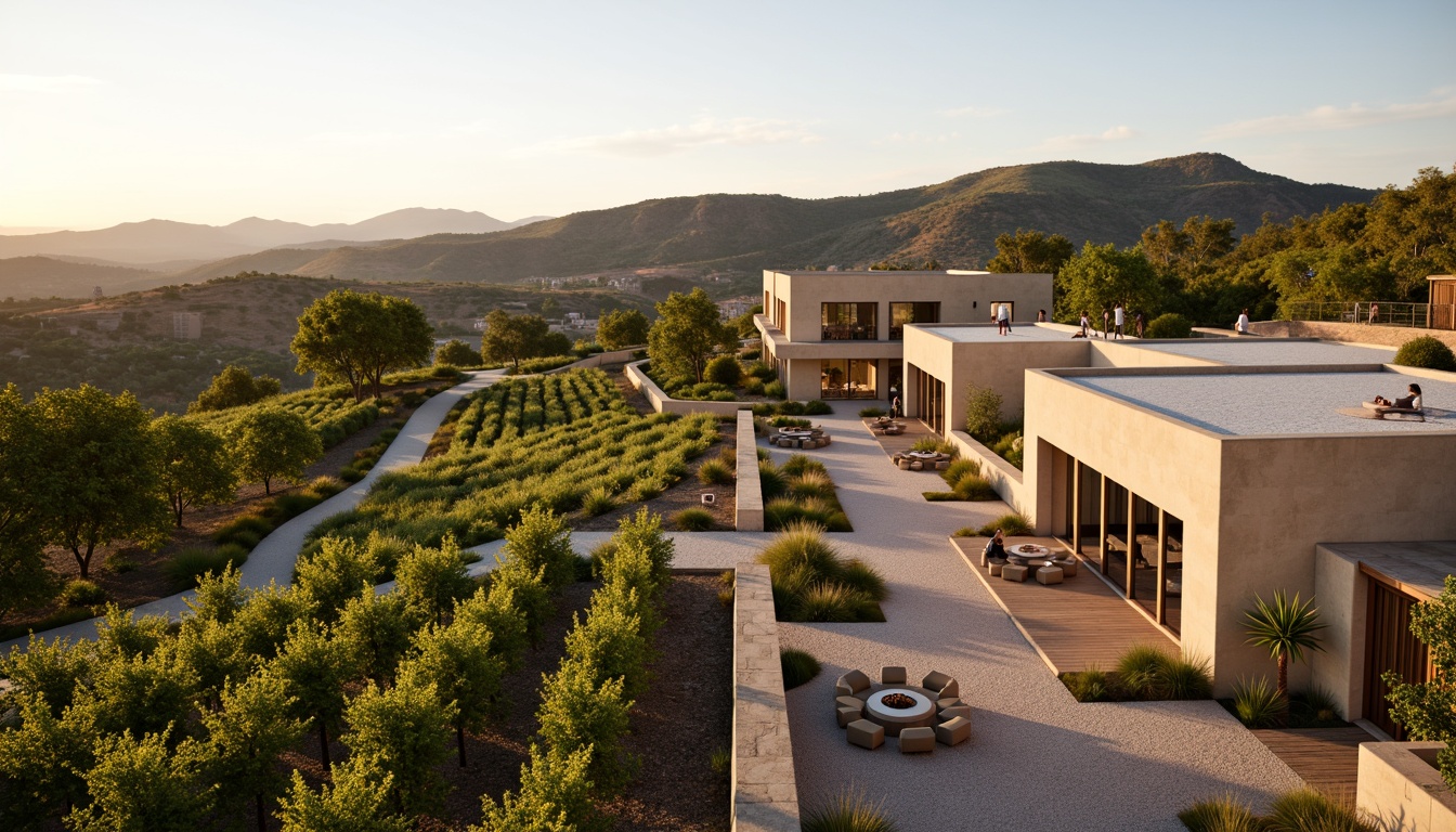 Prompt: Vineyard landscape, rolling hills, lush green vines, rustic stone walls, minimalist winery buildings, clean lines, simple forms, natural materials, earthy tones, warm beige stucco, wooden accents, large windows, sliding glass doors, scenic views, sunset ambiance, soft warm lighting, shallow depth of field, 3/4 composition, panoramic view, realistic textures, ambient occlusion, outdoor seating areas, fire pit, water features, native plants, meandering paths, gravel roads.