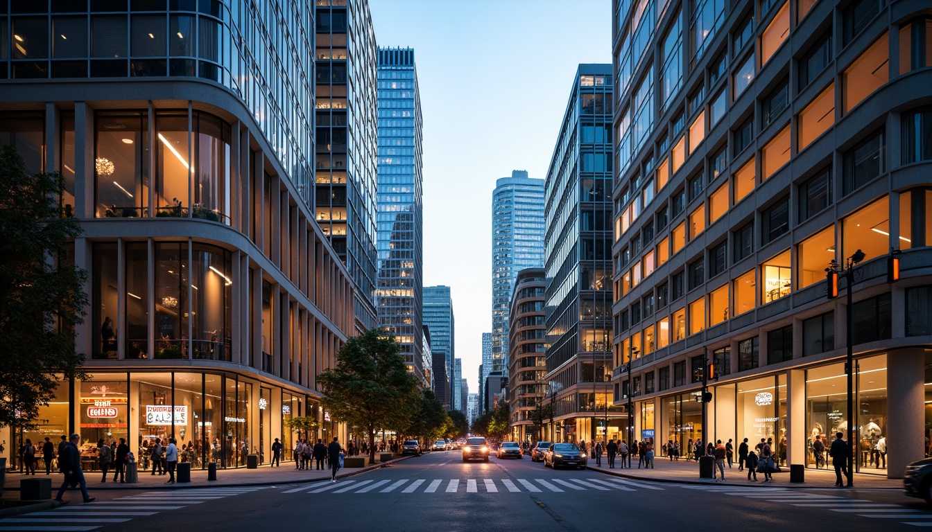 Prompt: Urban commercial district, modern skyscrapers, sleek glass facades, metallic accents, bold color schemes, deep blues, vibrant oranges, neutral grays, earthy browns, pops of yellow, neon signage, LED lighting, bustling streets, morning rush hour, warm natural light, shallow depth of field, 1/1 composition, realistic reflections, ambient occlusion.