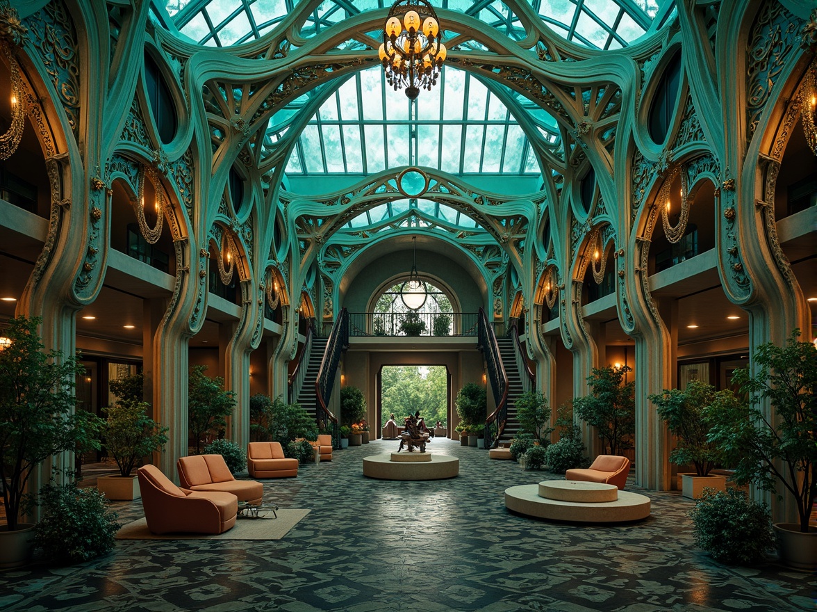 Prompt: Intricate ironwork, sinuous lines, flowing curves, ornate decorations, vibrant turquoise, rich emerald green, warm golden hues, soft peach tones, luxurious velvet textures, polished bronze accents, stained glass windows, grandiose entranceways, whimsical floral patterns, organic shapes, fluid forms, natural stone foundations, mystical forest surroundings, misty morning atmosphere, dramatic chiaroscuro lighting, shallow depth of field, 2/3 composition, ornate frame borders, realistic materials, ambient occlusion.