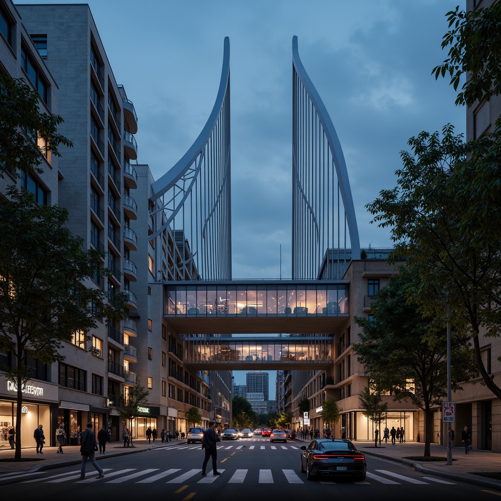 Prompt: Urban bridge, sleek metal structure, suspension cables, pedestrian walkways, bike lanes, cityscape views, modern architecture, integrated public art, nighttime LED lighting, misty atmospheric effects, shallow depth of field, 3/4 composition, symmetrical framing, realistic textures, ambient occlusion, urban renewal themes, connectivity concepts, accessibility features, safety railings, green roofs, eco-friendly materials, innovative ventilation systems, shaded outdoor spaces.