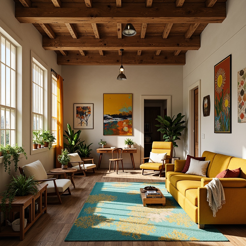 Prompt: Vibrant artistic studio, natural wood accents, eclectic furniture pieces, abstract artwork, warm beige walls, rich turquoise rugs, bold yellow accents, creamy white trim, industrial metal fixtures, reclaimed wooden shelves, bohemian-inspired textiles, ambient soft lighting, shallow depth of field, 1/1 composition, realistic textures, subtle color gradations.