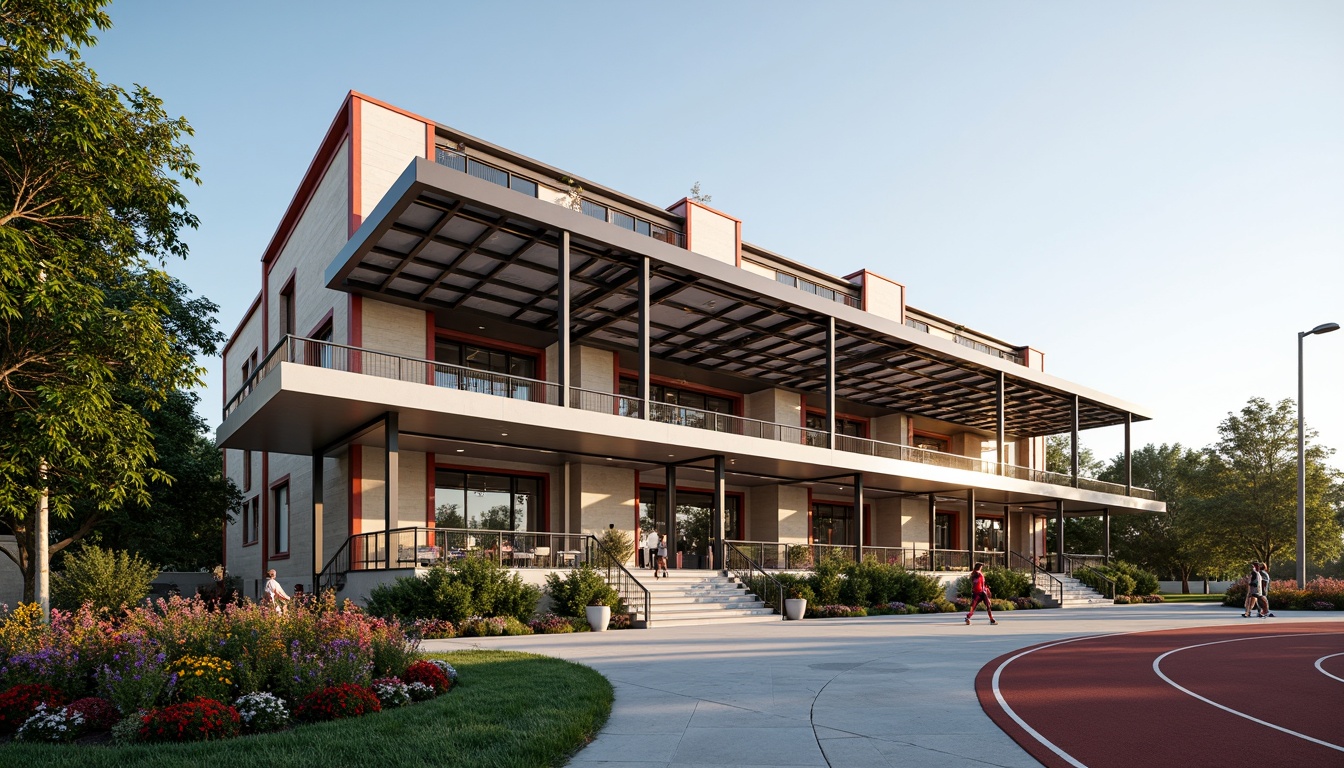 Prompt: Intricate gymnasium facade, modern articulation, cantilevered roofs, large glass windows, industrial metal frames, bold color accents, dynamic lighting systems, sleek minimalist design, functional balconies, exterior staircases, athletic track surroundings, lush greenery, vibrant flowers, sunny day, soft warm lighting, shallow depth of field, 3/4 composition, panoramic view, realistic textures, ambient occlusion.