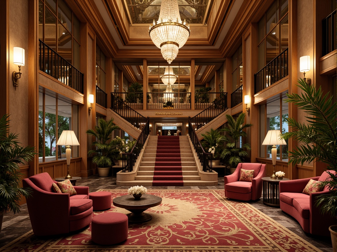 Prompt: Luxurious Art Deco interior, opulent furnishings, rich velvet fabrics, metallic accents, ornate mirrors, lavish chandeliers, geometric patterns, marble floors, high ceilings, grand staircases, elegant archways, sophisticated color palette, warm golden lighting, soft focus, shallow depth of field, 2/3 composition, realistic textures, ambient occlusion.