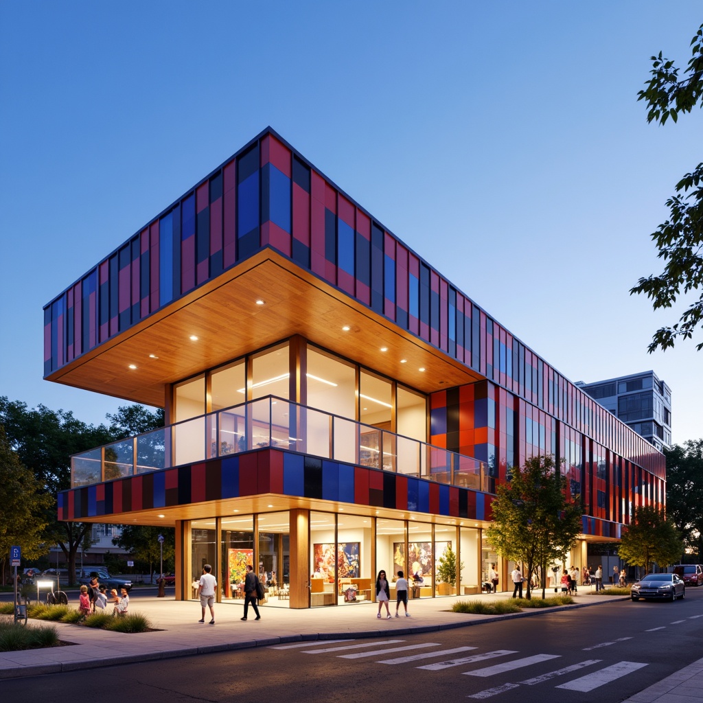 Prompt: Vibrant community center, angular modern facade, bold color scheme, dynamic LED lighting, cantilevered rooflines, geometric patterns, transparent glass walls, wooden accents, spacious entrance plaza, lively street art, urban landscape, sunny afternoon, soft natural light, 1/2 composition, shallow depth of field, realistic textures, ambient occlusion.