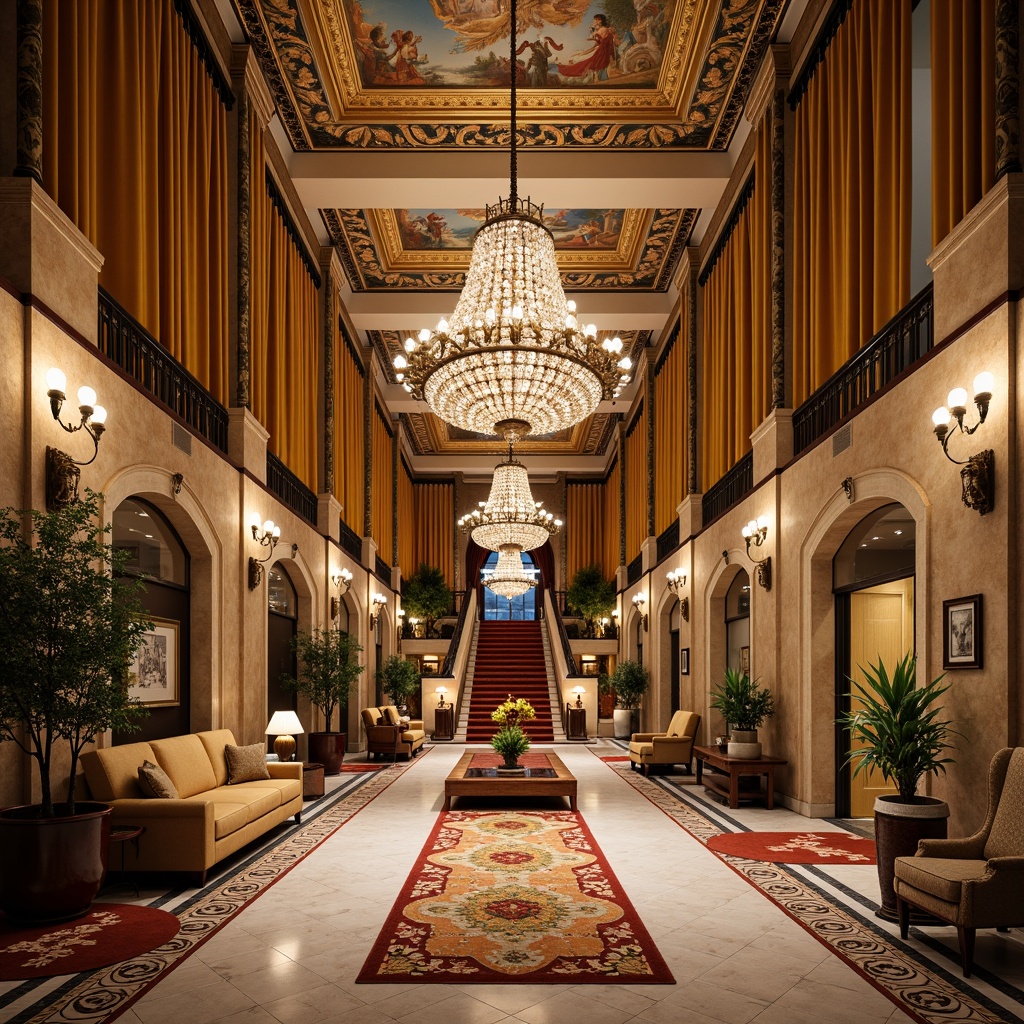 Prompt: Opulent hotel lobby, grandiose chandeliers, intricate marble flooring, ornate golden furnishings, lavish velvet drapes, majestic staircase, elaborate fresco ceiling, richly textured walls, imposing stone columns, dramatic archways, luxurious amenities, vibrant tapestries, exquisite crystal fixtures, warm soft lighting, shallow depth of field, 1/2 composition, realistic textures, ambient occlusion.