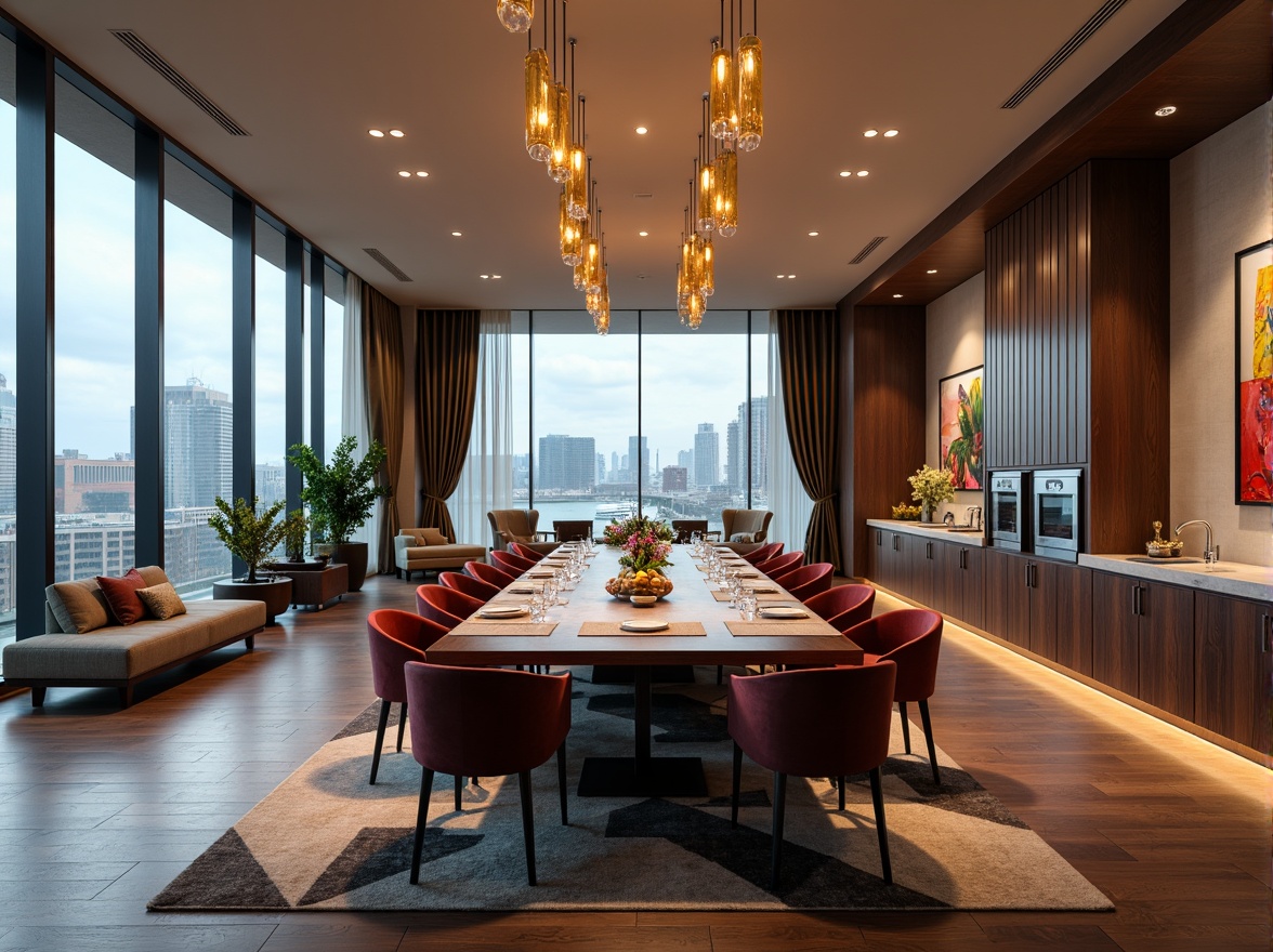 Prompt: Streamlined modern dining room, minimalist decor, curved lines, polished chrome accents, luxurious velvet upholstery, rich wood tones, elegant chandeliers, floor-to-ceiling windows, natural light, urban cityscape views, sleek built-in cabinetry, marble countertops, stainless steel appliances, geometric patterned rugs, bold colorful artwork, ambient warm lighting, 1/1 composition, soft focus, realistic textures.