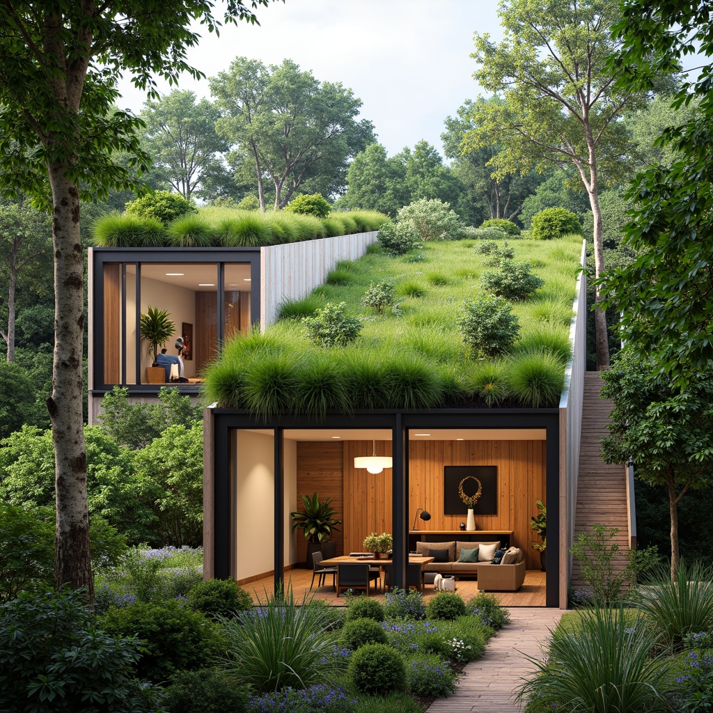 Prompt: Vibrant green roofs, lush vegetation, natural ventilation, abundant daylight, solar tubes, clerestory windows, skylights, translucent walls, biophilic design, organic shapes, earthy tones, reclaimed wood accents, living walls, vertical gardens, bamboo materials, energy-efficient systems, rainwater harvesting, grey water reuse, minimal carbon footprint, soft warm illumination, high ceilings, open floor plans, airy atmospheres, serene ambiance.