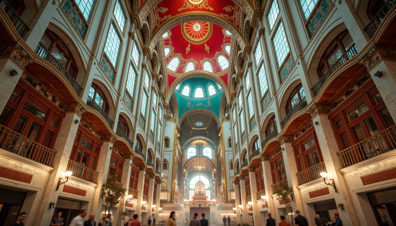 Prompt: Vibrant turquoise domes, bold red accents, golden ornate details, creamy white marble, rich brown wood tones, intricate mosaic patterns, geometric shapes, symmetrical compositions, grandiose architecture, solemn atmospheres, dramatic lighting effects, stained glass windows, ornate metalwork, Byzantine-inspired designs, sacred symbols, mystical motifs, atmospheric mist, warm ambient lighting, 1/1 composition, realistic textures, ambient occlusion.