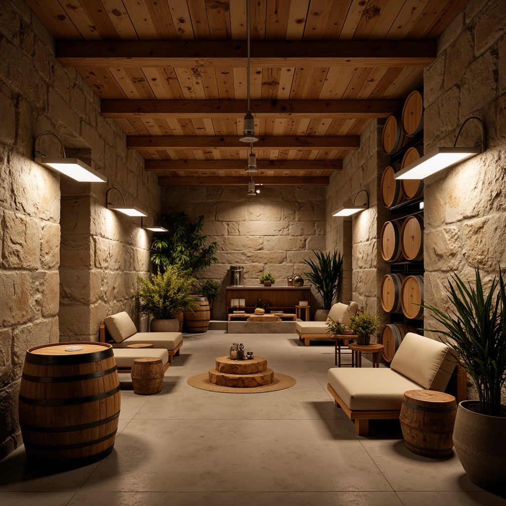 Prompt: Rustic winery interior, minimalist decor, wooden barrels, stone walls, earthy tones, natural textures, industrial lighting, metal accents, reclaimed wood furniture, wine cellar atmosphere, dim warm lighting, shallow depth of field, 1/2 composition, cozy nooks, intimate seating areas, vintage wine-making equipment, distressed finishes, organic shapes, soft shadows, warm beige colors, natural fabrics, effortless elegance.