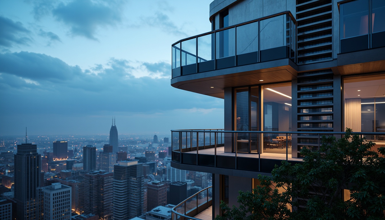 Prompt: Watchtower with sleek modernist facade, angular lines, metallic cladding, glass balconies, minimalist railings, cantilevered roofs, bold color accents, futuristic LED lighting, panoramic city views, urban skyline, cloudy blue sky, dramatic shadows, high-contrast textures, 3/4 composition, shallow depth of field, cinematic atmosphere.