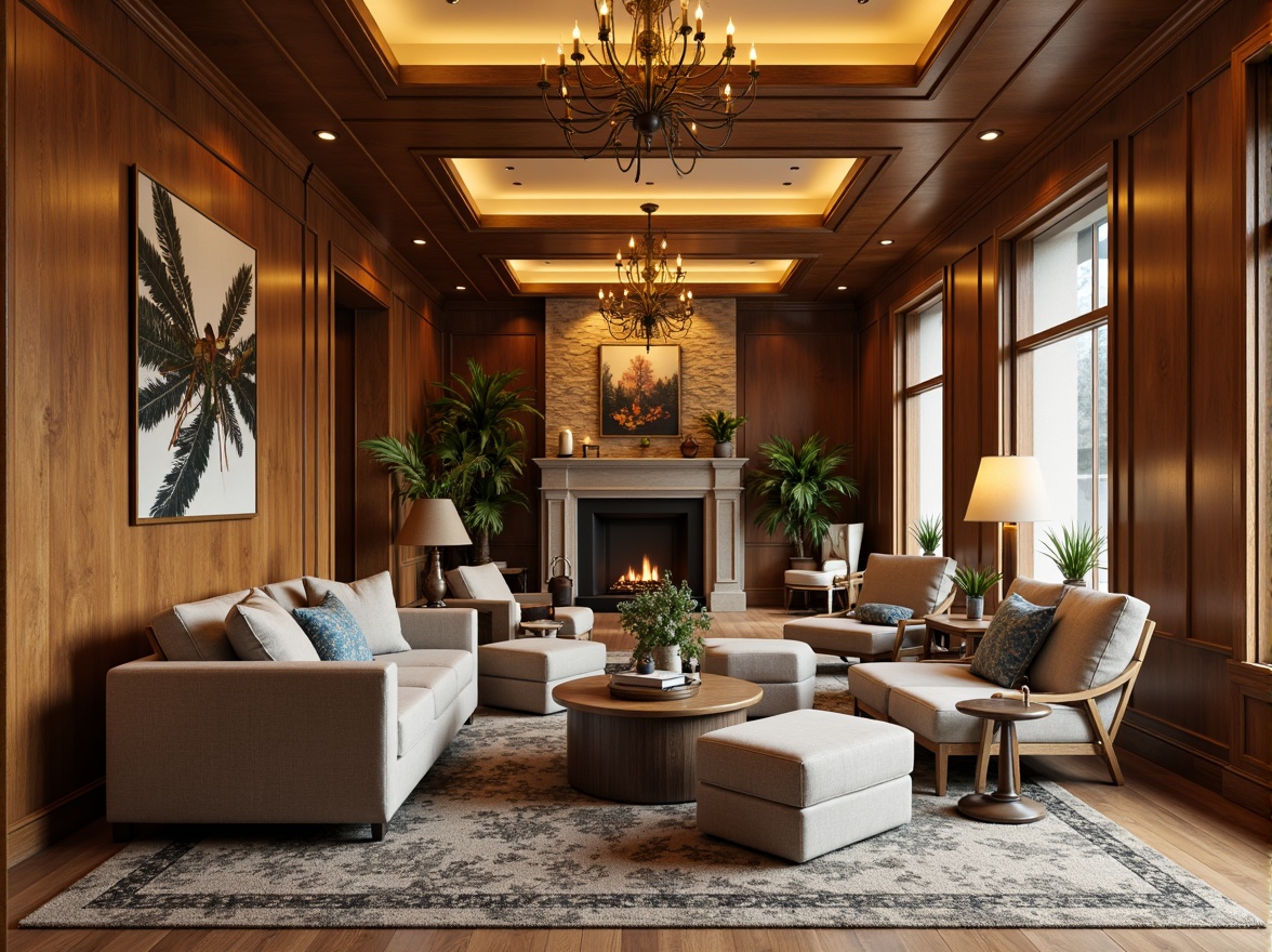 Prompt: Warm inviting lobby, rich wood accents, plush furnishings, soft golden lighting, earthy tone walls, natural stone floors, cozy fireplaces, vibrant artwork, elegant chandeliers, sophisticated metal fixtures, luxurious fabrics, calming color scheme, serene atmosphere, relaxed mood, warm beige tones, soothing blue hues, creamy whites, deep charcoal grays, 1/2 composition, shallow depth of field, soft focus, realistic textures, ambient occlusion.