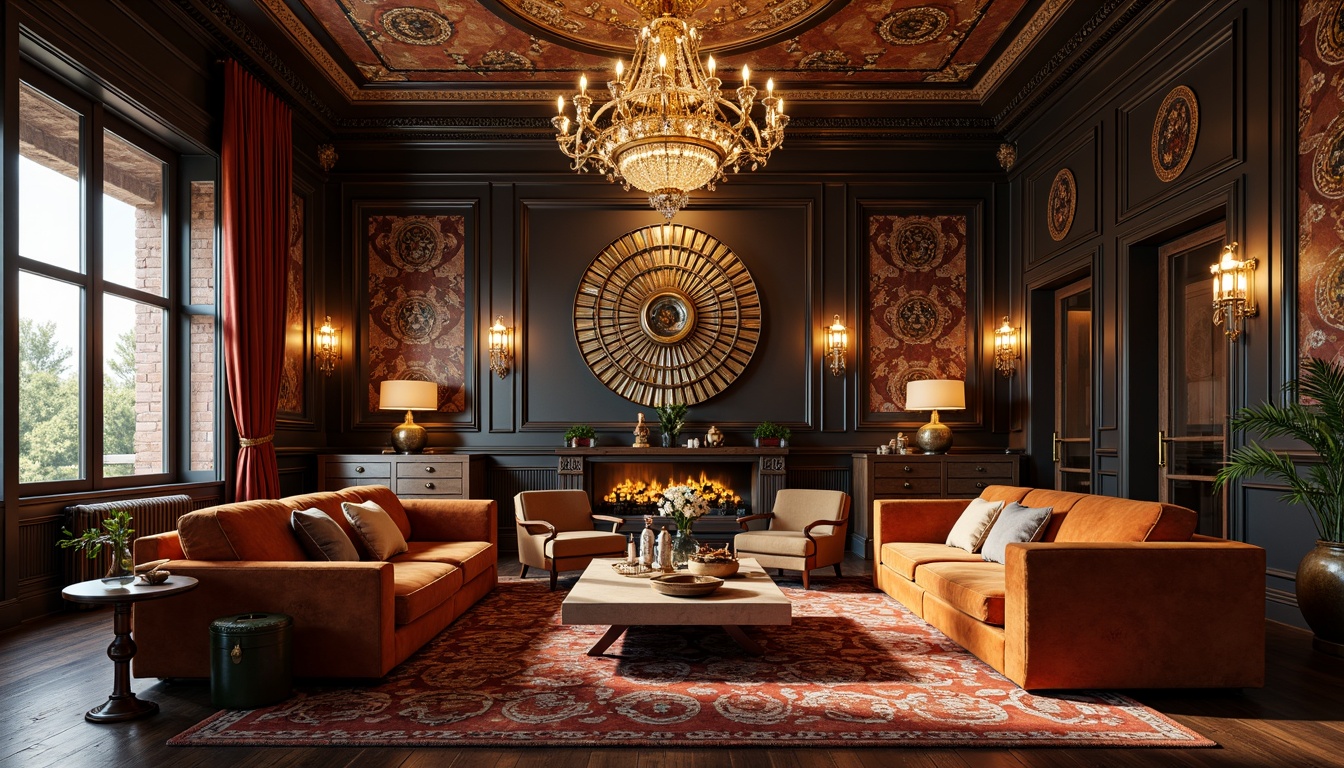 Prompt: Luxurious living room, opulent furnishings, metallic accents, geometric patterns, ornate mirrors, lavish chandeliers, rich velvet fabrics, bold color schemes, curved lines, sunburst motifs, inlaid wood flooring, statement lighting fixtures, glamorous decorative screens, luxurious textiles, vintage-inspired accessories, high-gloss finishes, 1/1 composition, dramatic shadows, cinematic lighting, intricate details, ornate moldings.