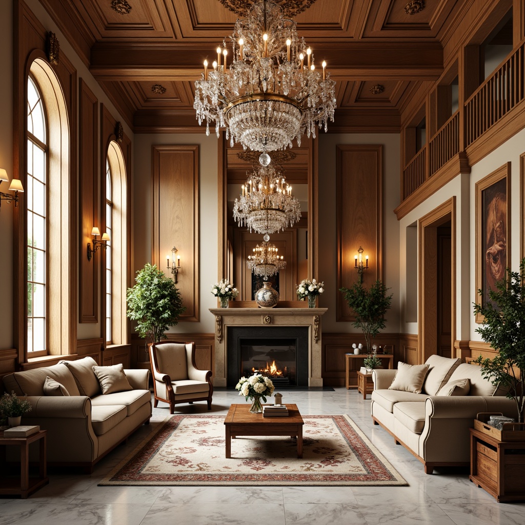 Prompt: Elegant living room, rich wood paneling, ornate moldings, crystal chandelier, velvet sofas, antique furniture, marble flooring, cream-colored walls, tall columns, arched windows, soft warm lighting, 3/4 composition, shallow depth of field, realistic textures, ambient occlusion, luxurious fabrics, subtle patterns, classic color palette, sophisticated atmosphere.