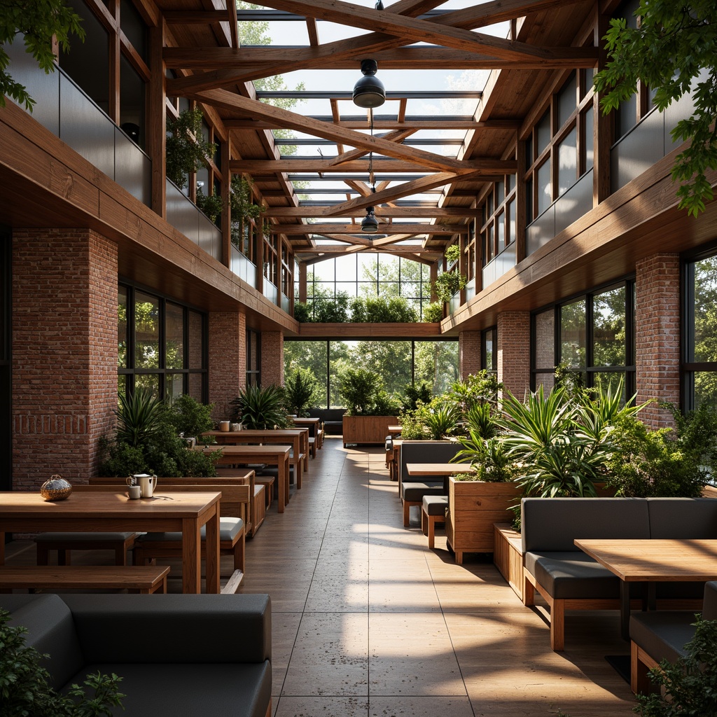 Prompt: Cozy coffee shop interior, wooden accents, earthy tones, warm lighting, exposed brick walls, industrial chic decor, reclaimed wood beams, unique roof structure, geometric patterns, skylights, natural ventilation, green roofs, lush indoor plants, comfortable seating areas, rustic metal frames, vintage decorative elements, soft ambient lighting, shallow depth of field, 1/1 composition, realistic textures.