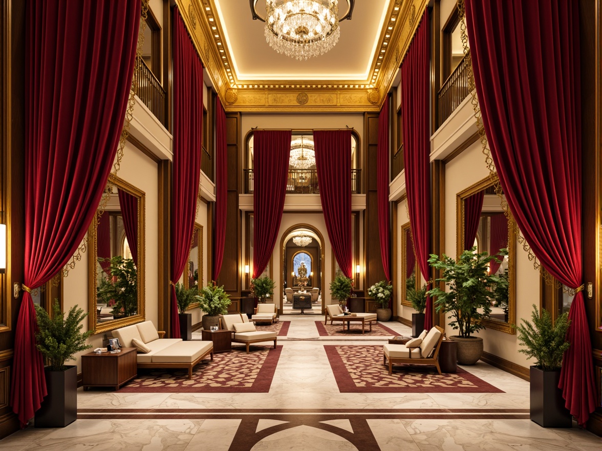 Prompt: Richly ornate hotel lobby, luxurious velvet drapes, gilded frames, intricate marble patterns, warm golden lighting, lavish chandeliers, opulent furnishings, soft plush carpets, regal crimson accents, majestic high ceilings, grandiose staircases, elegant archways, refined wood tones, sophisticated neutral backgrounds, subtle sheen finishes, ornate mirrors, 1/1 composition, dramatic shadows, ambient occlusion.