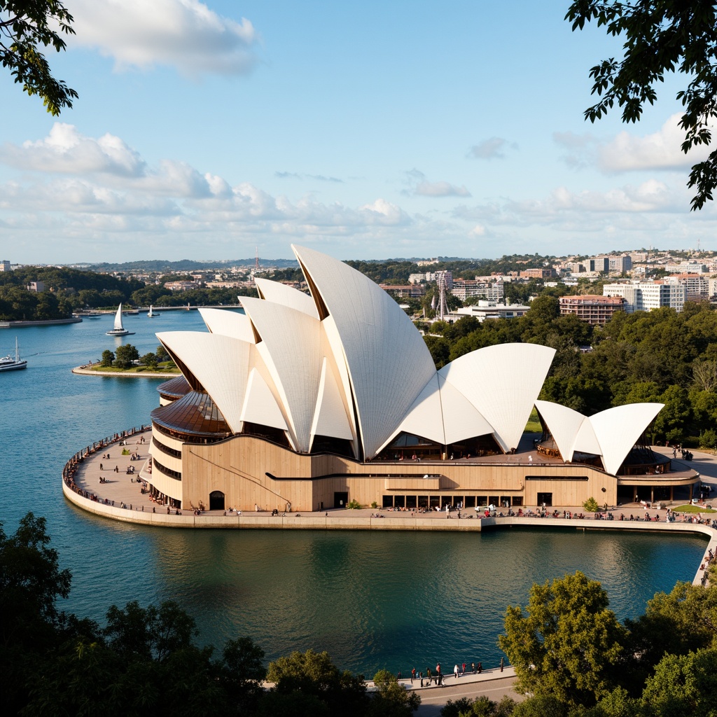 Prompt: Sydney Harbour, iconic Opera House, sailboat-inspired design, white concrete roofs, gleaming glass fa\u00e7ade, majestic staircases, ornate details, vibrant cultural performances, bustling waterfront promenade, scenic coastal views, lush greenery, native Australian flora, eucalyptus trees, sunny day, soft warm lighting, shallow depth of field, 3/4 composition, panoramic view, realistic textures, ambient occlusion.