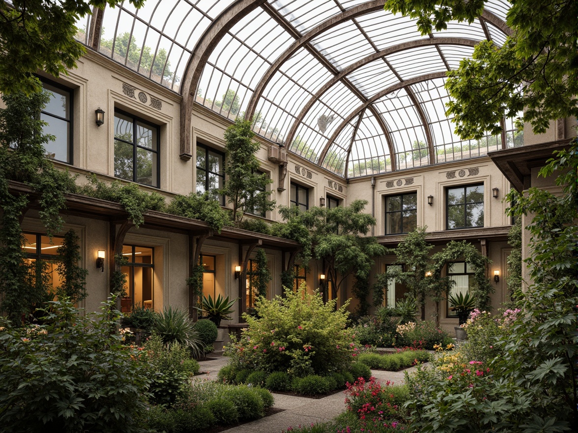 Prompt: Ornate greenhouses, lush vegetation, botanical gardens, Victorian-era inspired facades, curved glass roofs, intricate metal frameworks, ornamental details, natural stone foundations, wooden trellises, climbing plants, vibrant flowers, soft warm lighting, shallow depth of field, 3/4 composition, panoramic view, realistic textures, ambient occlusion.