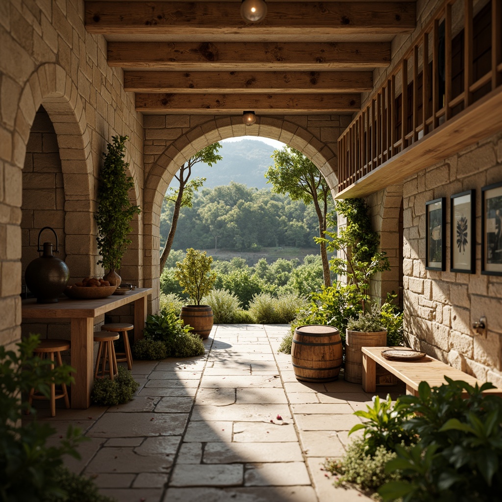 Prompt: Earthy winery, rustic stone walls, wooden barrels, vineyard scenery, lush greenery, warm beige tones, soft sage greens, weathered wood accents, natural textiles, minimalist decor, industrial metal fixtures, reclaimed wood shelves, wine cellar ambiance, dim warm lighting, shallow depth of field, 2/3 composition, realistic textures, ambient occlusion.