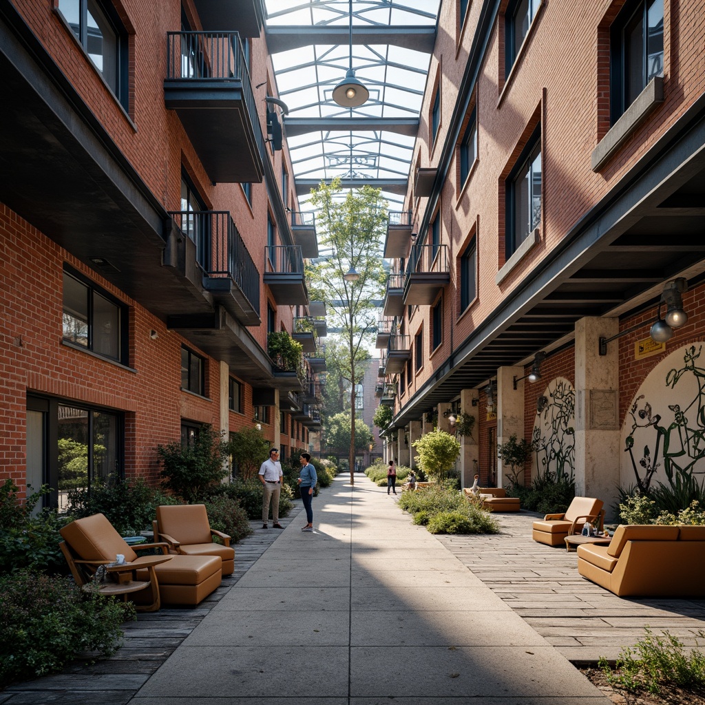 Prompt: Abandoned industrial site, reclaimed urban landscape, converted warehouses, exposed brick walls, metal beams, distressed textures, vibrant street art, eclectic furniture, mixed-use development, adaptive reuse, innovative materials, sustainable design, natural ventilation, abundant daylight, flexible open spaces, modular construction, experimental architecture, futuristic aesthetics, bold color schemes, dynamic lighting effects, 3/4 composition, shallow depth of field, cinematic perspective.