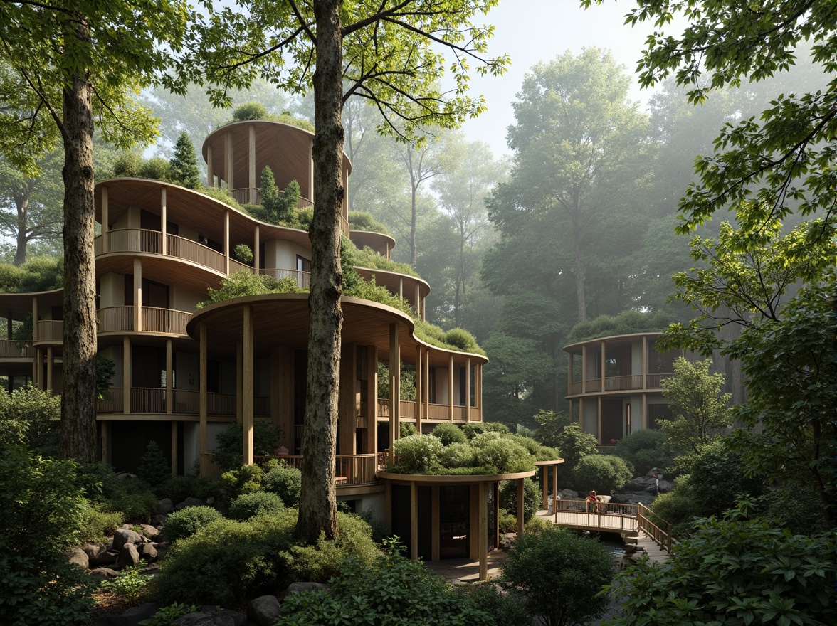 Prompt: Seamless forest integration, organic treehouse design, curved wooden structures, moss-covered roofs, natural stone walls, earthy tones, soft morning light, misty atmosphere, foggy surroundings, dense foliage, twisted branches, vines crawling up columns, rustic wooden bridges, meandering pathways, subtle water features, gentle streams, eco-friendly materials, sustainable architecture, green roofs, living walls, harmonious coexistence, peaceful ambiance, warm color palette, shallow depth of field, 1/1 composition, realistic textures.