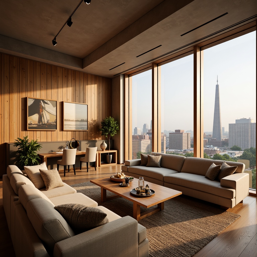 Prompt: Cozy living room, plush sofas, warm beige walls, natural wood flooring, floor-to-ceiling windows, urban cityscape views, modern minimalist decor, soft warm lighting, shallow depth of field, 3/4 composition, panoramic view, realistic textures, ambient occlusion.